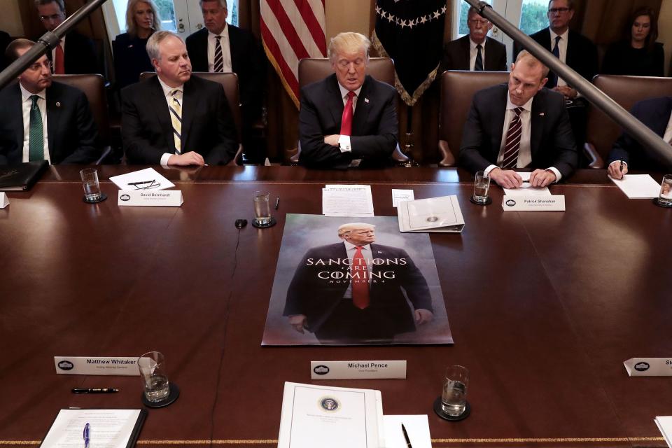 WASHINGTON, DC - JANUARY 02: U.S. President Donald Trump (C) leads a meeting of his Cabinet, including (L-R) Health and Human Services Secretary Alex Azar, acting Interior Secretary David Bernhardt, and acting Defense Secretary Patrick Shanahan, in the Cabinet Room at the White House January 02, 2019 in Washington, DC. A partial federal government shutdown entered its 12th day as Trump and House Democrats are at an impasse over funding for border security, including the presidentâ€™s demand for $5 billion for a wall along the U.S.-Mexico border. (Photo by Chip Somodevilla/Getty Images)