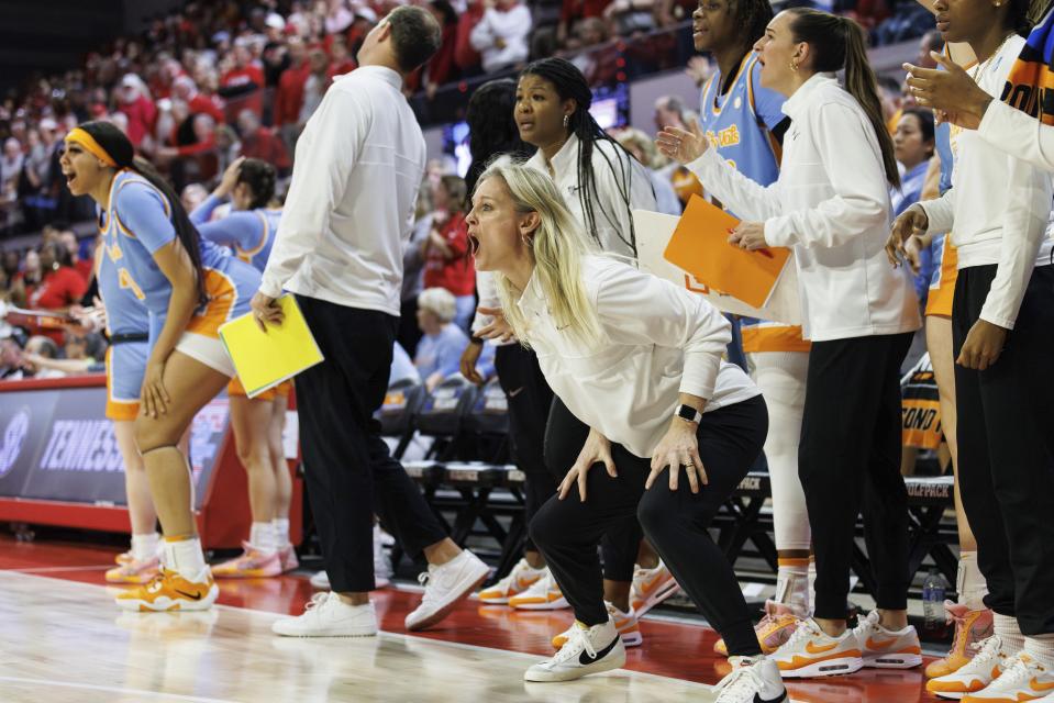 Tennessee head coach Kellie Harper reacts to a call during the second half of a second-round college basketball game against North Carolina State in the NCAA Tournament in Raleigh, N.C., Monday, March 25, 2024. (AP Photo/Ben McKeown)