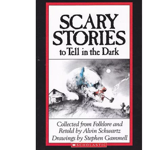 Cover for Scary Stories to tell in the dark, which featured a creepy skull smoking a pipe