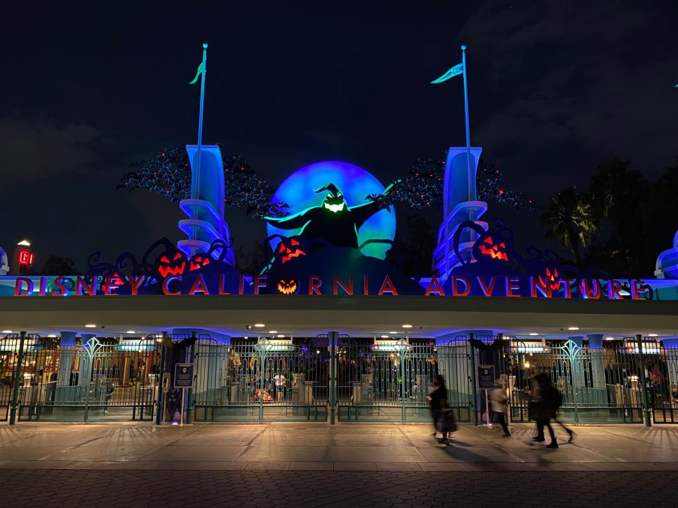 entrance to california adventure decorated for oogie boogie bash