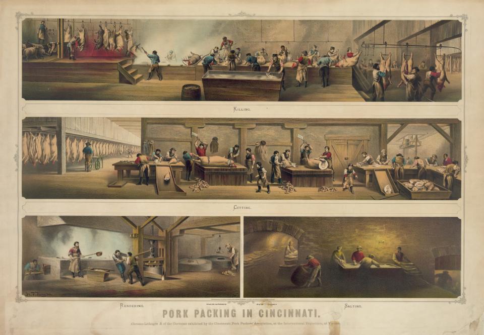 An illustration of the pork-packing industry in Cincinnati, by Henry Farny, 1873.