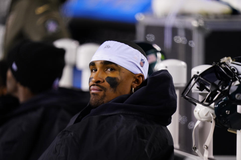 Philadelphia Eagles quarterback Jalen Hurts reacts on the bench during the second half of an NFL football game against the Washington Commanders, Monday, Nov. 14, 2022, in Philadelphia. The commanders won 32-21. (AP Photo/Chris Szagola)