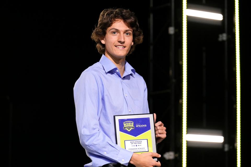 Hilliard Davidson's Connor Ackley receives the Boys Athlete of the Year award during the 2023 Central Ohio High School Sports Awards at the Greater Columbus Convention Center.