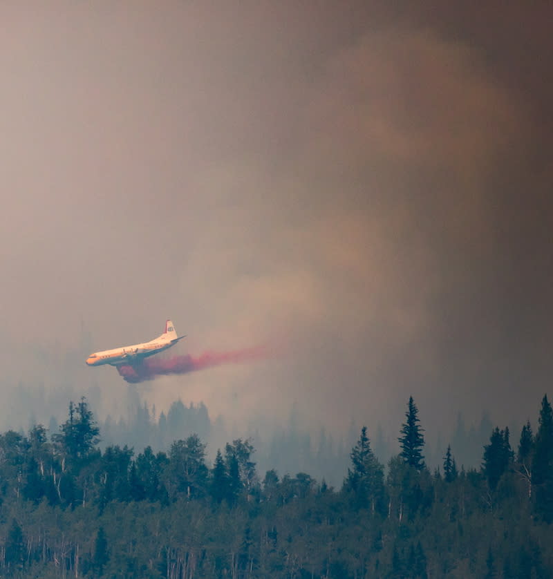 <p>A tanker drops retardant while battling the Shovel Lake wildfire near Fraser Lake, B.C. on Friday Aug. 17, 2018. (Photo from The Canadian Press/Darryl Dyck) </p>