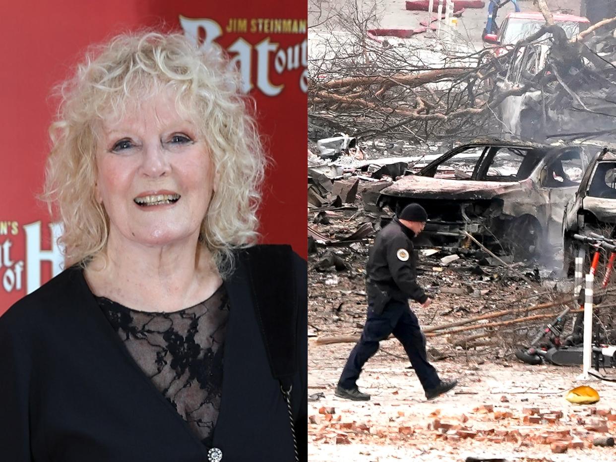 ‘Downtown’ singer Petula Clark (left), and a police officer near the Nashville blast site on 25 December (Tim P Whitby/Getty/Mark Humphrey/AP)