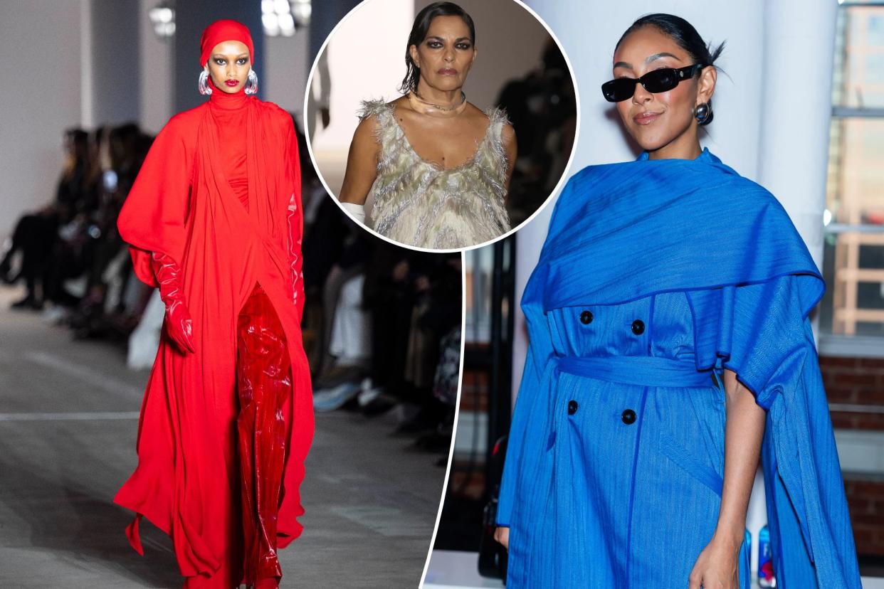 A look from Prabal Gurung's runway, Sarita Choudhury, and Tayshia Adams appear together in a collage.