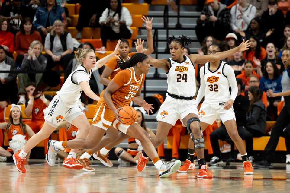 Texas freshman guard Madison Booker, with the ball, has been a huge factor in the team's recent success without point guard Rori Harmon, who was lost to a torn ACL. The Horns, 18-2 overall and 4-2 in the Big 12, will host Oklahoma on Wednesday.