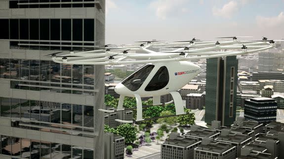 A rendering of one of the autonomous air taxis in flight.