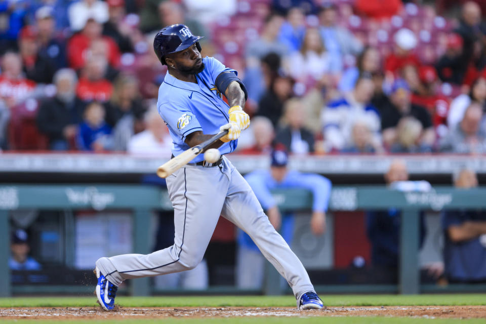 Tampa Bay Rays' Wander Franco hits a solo home run against the Cincinnati Reds during the fourth inning of a baseball game in Cincinnati, Tuesday, April 18, 2023. (AP Photo/Aaron Doster)