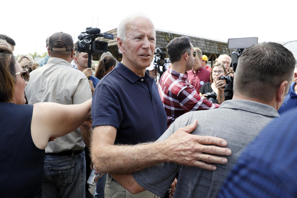 Democratic presidential candidate former Vice President Joe Biden greets local residents during the Hawkeye Area Labor Council Labor Day Picnic, Monday, Sept. 2, 2019, in Cedar Rapids, Iowa. (AP Photo/Charlie Neibergall)