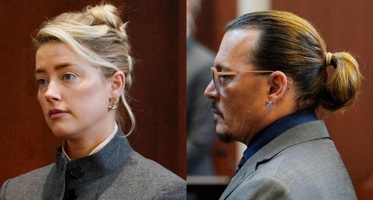 Amber Heard and Johnny Depp in court on May 16, 2022 amid their defamation trial. 