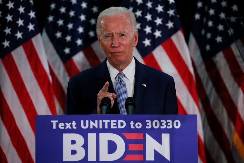 U.S. Democratic presidential candidate Joe Biden speaks during a campaign event in Dover