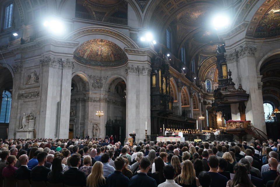 A general view of the Service of Prayer and Reflection, following the passing of Britain's Queen Elizabeth II, at St Paul's Cathedral in London, Friday Sept. 9, 2022. (Ian West/Pool via AP)