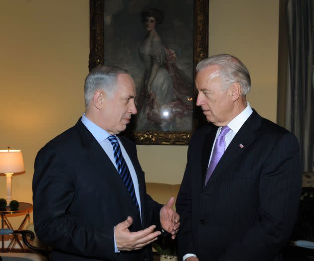 Then-Vice President Biden, right, meets with then-Israeli Prime Minister Benjamin Netanyahu in 2010. Pro-Israel groups pressure Democrats to be as supportive of Israel as Biden. (Photo: Amos Ben Gershom/GPO/Getty Images))