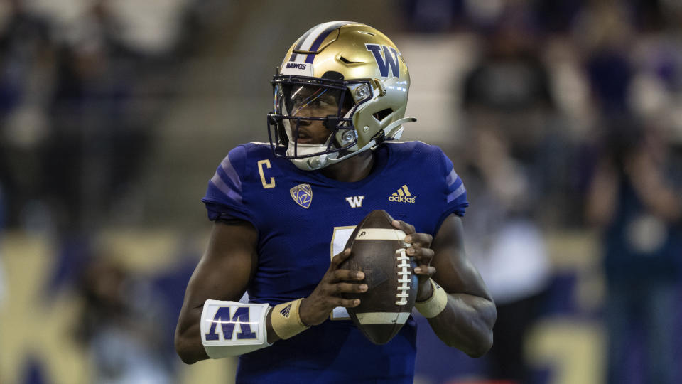 Washington quarterback Michael Penix Jr. is pictured during an NCAA football game against Kent State on Saturday, Sept. 3, 2022, in Seattle. Washington won 45-20. (AP Photo/Stephen Brashear)