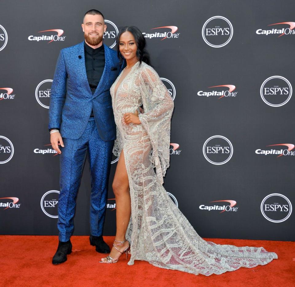 los angeles, ca july 18 nfl player travis kelce l and media personality kayla nicole attend the 2018 espys at microsoft theater on july 18, 2018 in los angeles, california photo by allen berezovskyfilmmagic