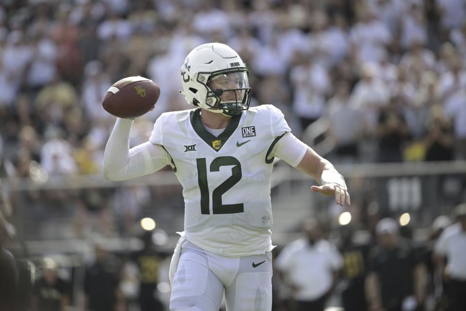 Baylor quarterback Blake Shapen sets up to throw during a game against Central Florida on Sept. 30, 2023, in Orlando, Fla. The Bears came back to stun the Knights after trailing 35-7 in the second half. | Phelan M. Ebenhack, Associated Press