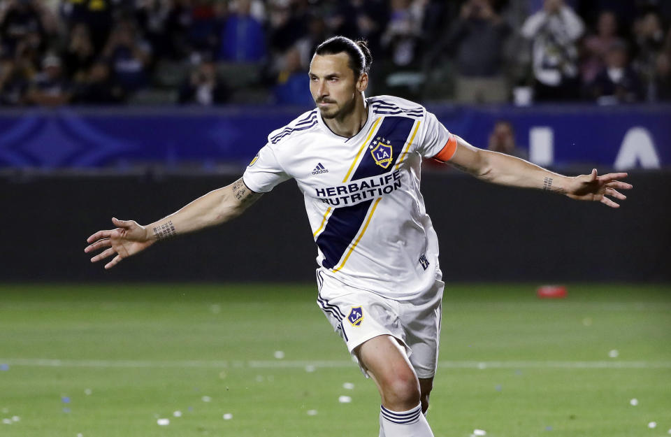 Los Angeles Galaxy forward Zlatan Ibrahimovic celebrates after scoring on a penalty kick during the second half of an MLS soccer match against the Portland Timbers, Sunday, March 31, 2019, in Carson, Calif. (AP Photo/Marcio Jose Sanchez)