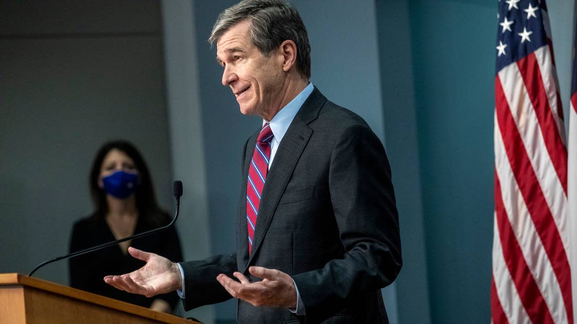 Gov. Roy Cooper speaks during a briefing on North Carolina’s coronavirus pandemic response Wednesday, Jan. 27, 2021 at the NC Emergency Operations Center in Raleigh.