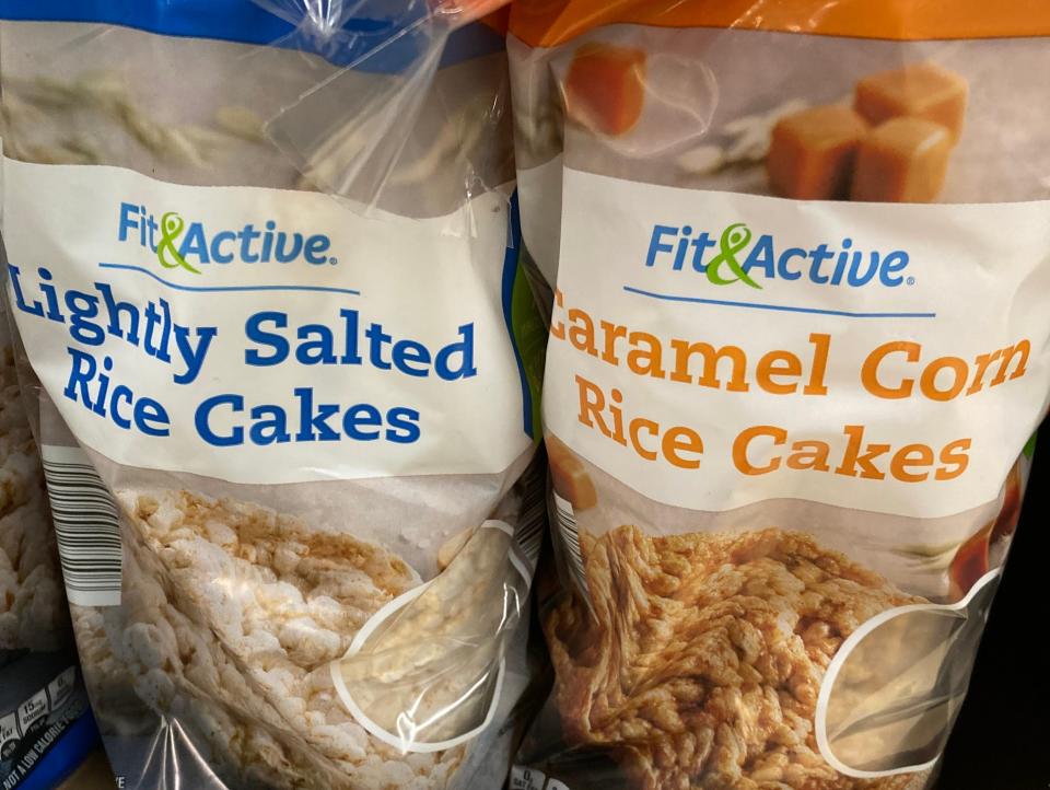 bags of fit&active rice cakes on shelf at Aldi