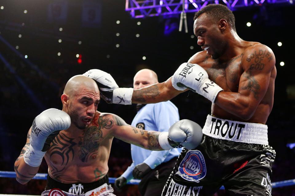 NEW YORK, NY - DECEMBER 01: Austin Trout (R) fights against Miguel Cotto in their WBA Super Welterweight Championship title fight at Madison Square Garden on December 1, 2012 in New York City. (Photo by Elsa/Getty Images)