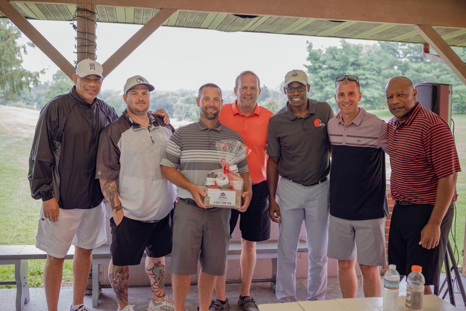 The Glass City Browns Backers held its second annual Celebrity Golf Outing at Valley View Golf Course last weekend. The winning team included, from left to right: Felix Wright, Tyler Russell, Jarret Daniels, Matt Farus, Kevin Mack, Casey Hazen and Hanford Dixon. They received the “Golden Chicken” award along with a gift basket of various items donated by Roosters.