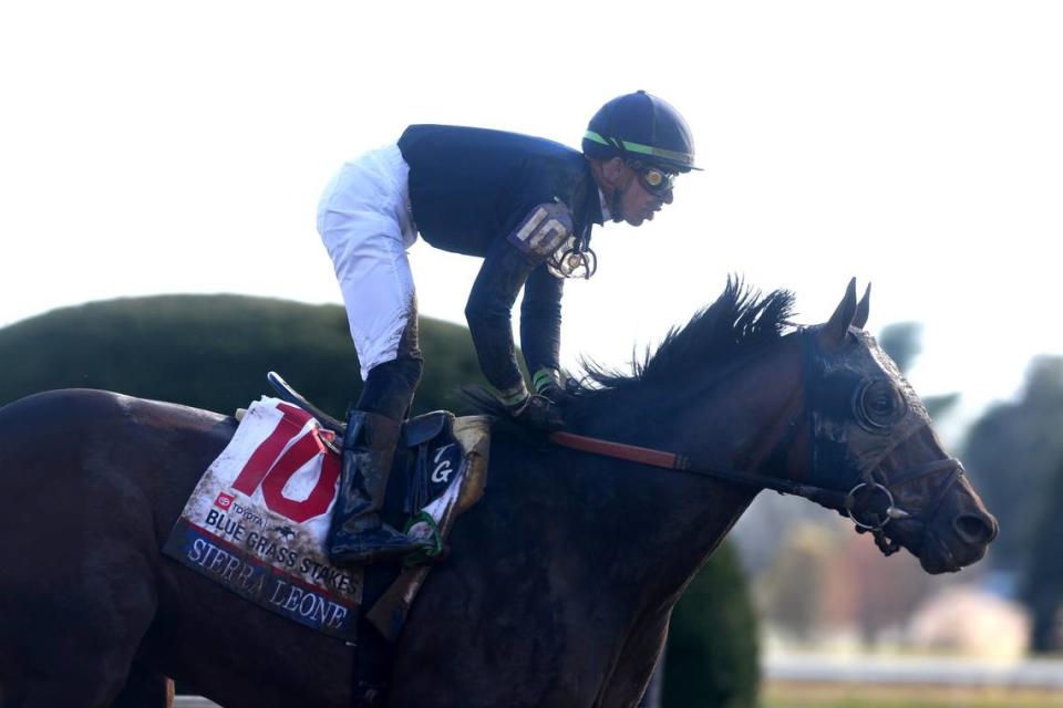 Sierra Leone, ridden by Tyler Gaffalione, gets the win of the 100th Running of The Toyota Blue Grass at Keeneland Saturday afternoon April 6, 2024