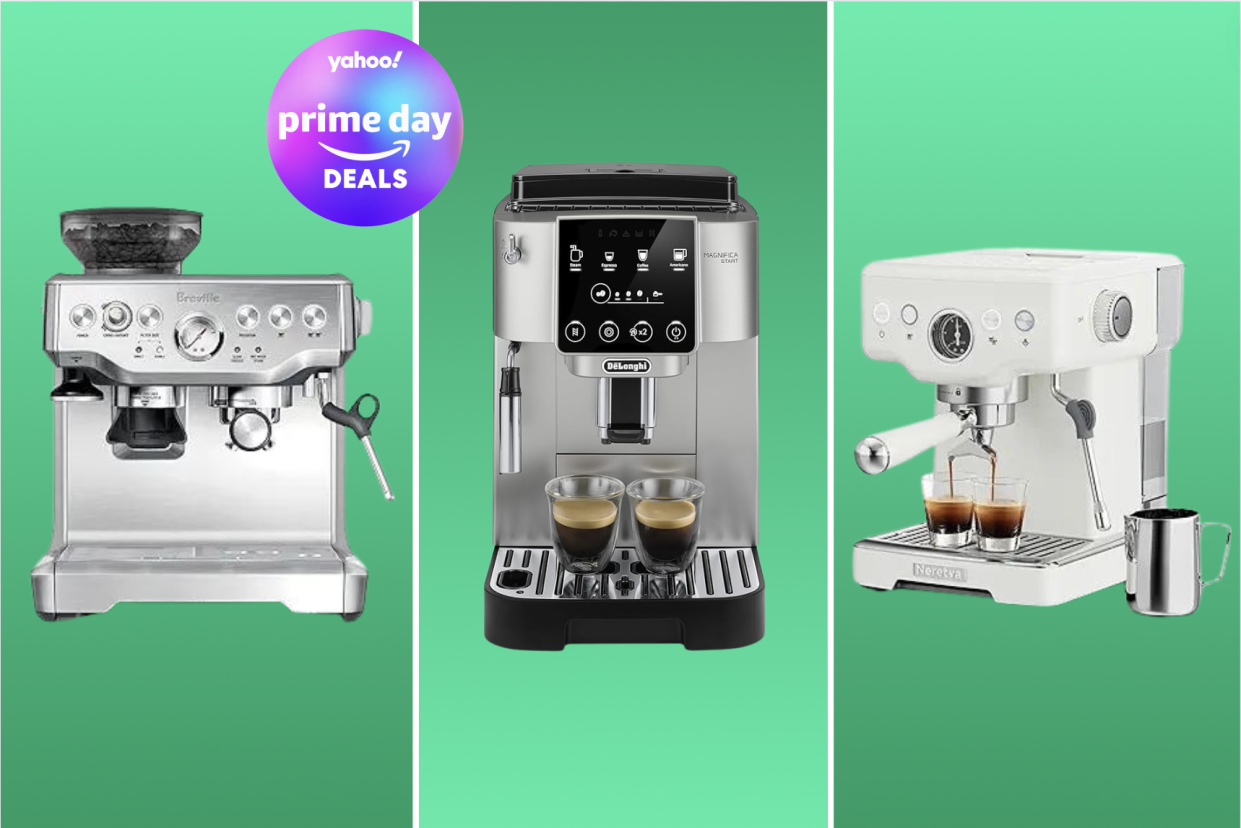 Three espresso machines on a green background