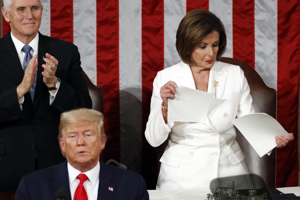 House Speaker Nancy Pelosi tears up of her copy of President Donald Trump's 2020 State of the Union address.