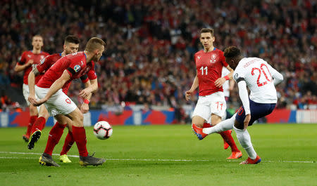 Soccer Football - Euro 2020 Qualifier - Group A - England v Czech Republic - Wembley Stadium, London, Britain - March 22, 2019 England's Callum Hudson-Odoi shoots before Czech Republic's Tomas Kalas scores an own goal and England's fifth Action Images via Reuters/Carl Recine