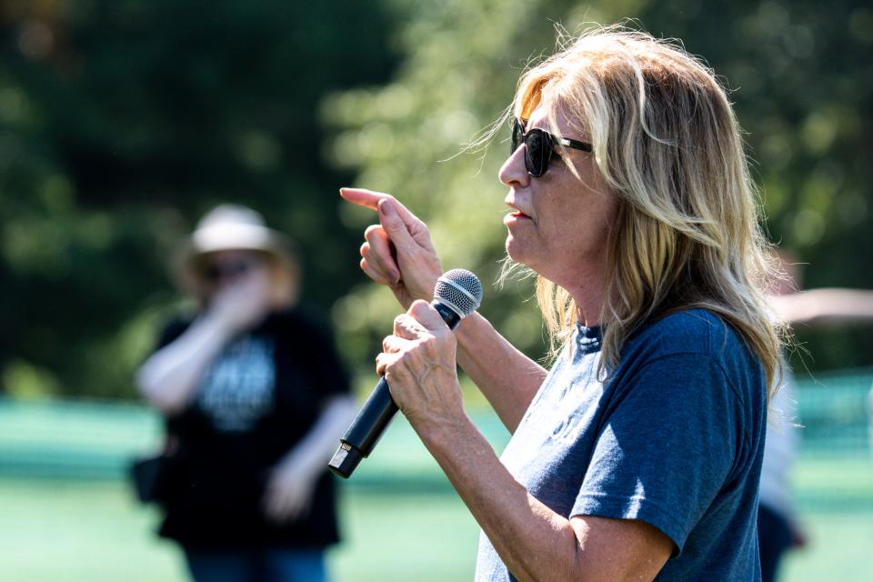 Iowa Democratic Party Chair Rita Hart speaks during the 2023 Polk County Steak Fry at Water Works Park on Saturday, September 30, 2023 in Des Moines.