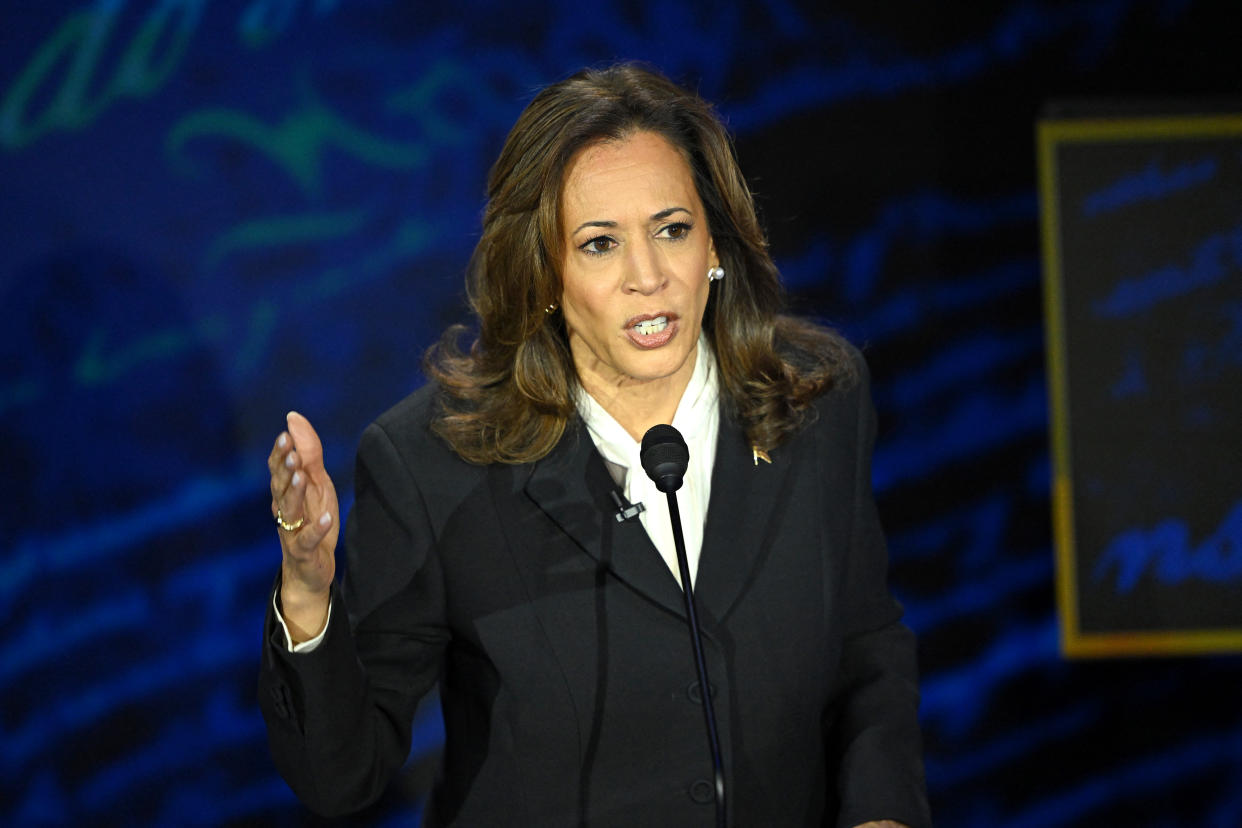 TOPSHOT - US Vice President and Democratic presidential candidate Kamala Harris speaks during a presidential debate with former US President and Republican presidential candidate Donald Trump at the National Constitution Center in Philadelphia, Pennsylvania on September 10, 2024. (Photo by SAUL LOEB / AFP) (Photo by SAUL LOEB/AFP via Getty Images)