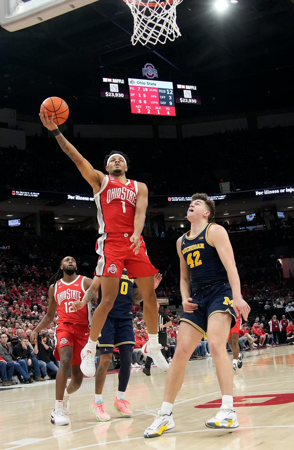 Mar 3, 2024; Columbus, OH, USA; Ohio State Buckeyes guard Roddy Gayle Jr. (1) shoots from under the basket during their NCAA Division I Mens basketball game at Value City Arena.