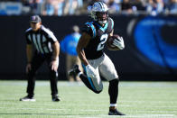 Carolina Panthers wide receiver D.J. Moore (2) runs against the Minnesota Vikings during the first half of an NFL football game, Sunday, Oct. 17, 2021, in Charlotte, N.C. (AP Photo/Jacob Kupferman)