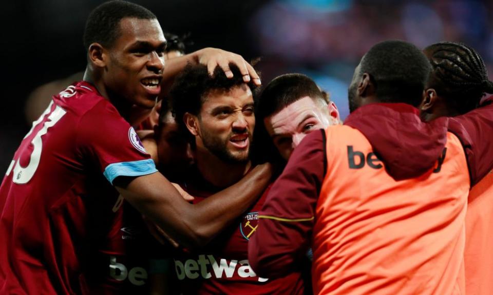 Felipe Anderson celebrates scoring West Ham’s third goal against Crystal Palace with his teammates.