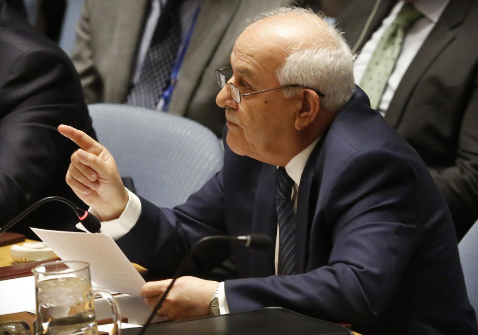 Palestine U.N. Ambassador Riyad Mansour speaks during a Security Council debate on the Middle East conflict Tuesday, Jan. 17, 2017, at U.N. headquarters. (AP Photo/Bebeto Matthews)