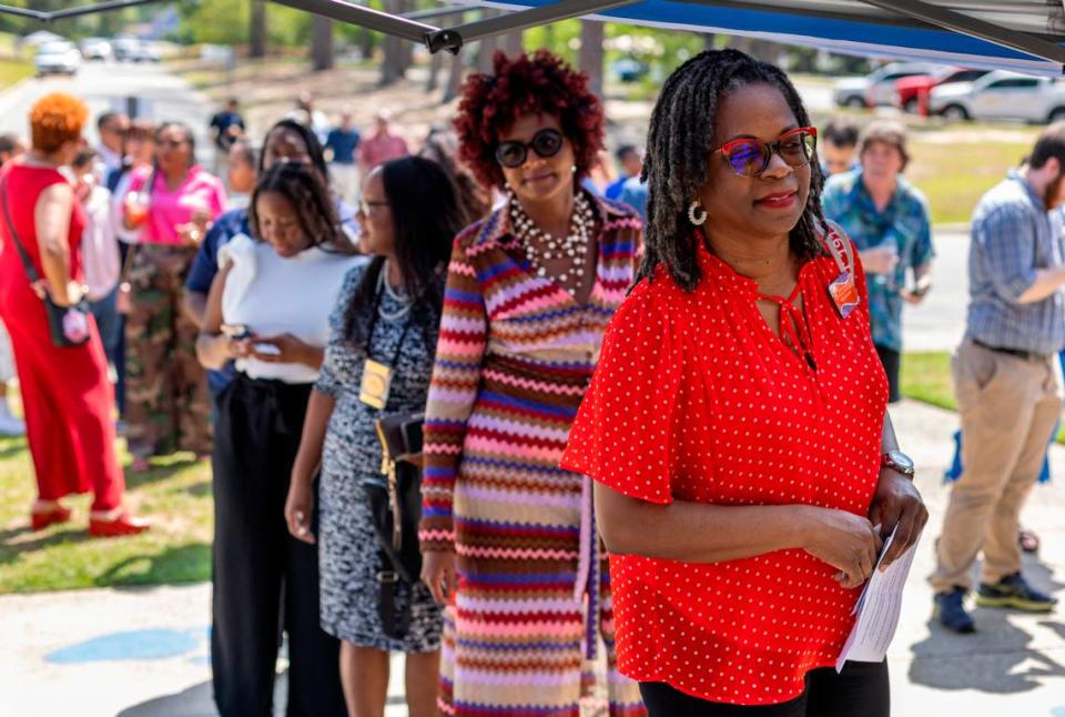 Melody Jacobs of Fayetteville, N.C. waits in line to enter Westover High School for a campaign event with Vice President Kamala Harris on Thursday, July 18, 024 in Fayetteville, N.C.