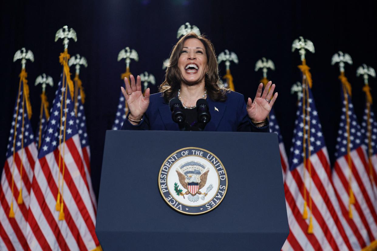 Vice President and Democratic Presidential candidate Kamala Harris speaks at West Allis Central High School during her first campaign rally in Milwaukee, Wisconsin, on July 23, 2024.