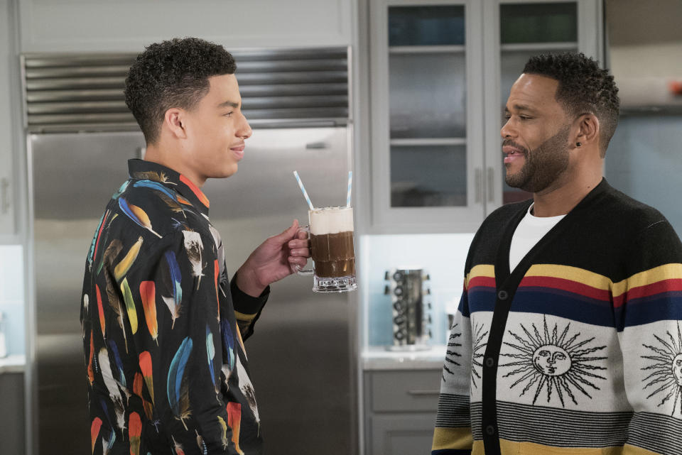 Junior (Marcus Scribner) and Dre (Anthony Anderson), pictured in another episode, debated the merits of NFL players kneeling during the national anthem during a recently shelved episode. (Photo: Ron Tom via Getty Images)
