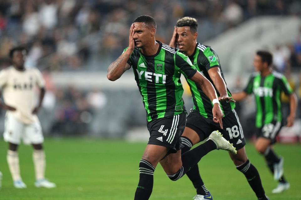 Austin FC defender Ruben Gabrielsen. left, celebrates with defender Julio Cascante after scoring a goal against LAFC on Wednesday at Banc of California Stadium. Austin won 2-1 and moved to the top of the Western Conference standings.