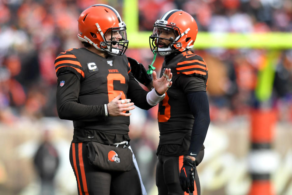 CLEVELAND, OH - DECEMBER 8, 2019: Quarterback Baker Mayfield #6 of the Cleveland Browns talks with wide receiver Odell Beckham Jr. #13 during a replay timeout in the first quarter of a game against the Cincinnati Bengals on December 8, 2019 at FirstEnergy Stadium in Cleveland, Ohio. Cleveland won 27-19. (Photo by: 2019 Nick Cammett/Diamond Images via Getty Images)