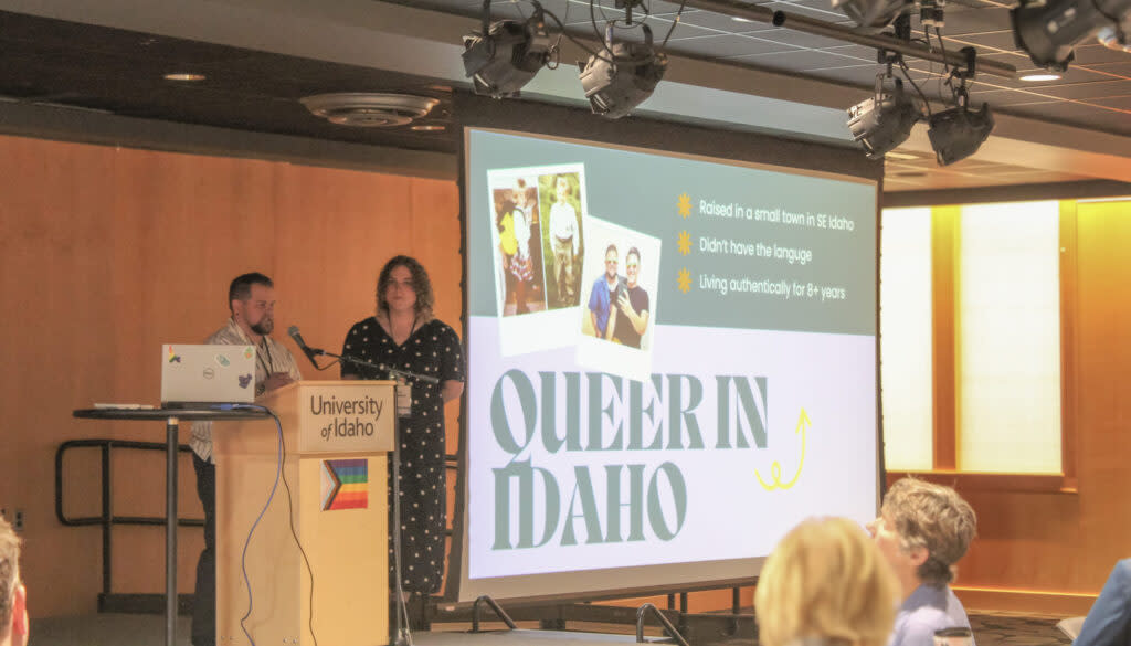 Nikson Mathews (left) and Lily Pannkuk (right) give a presentation on the newly rebranded Queer Caucus of the Idaho Democratic Party