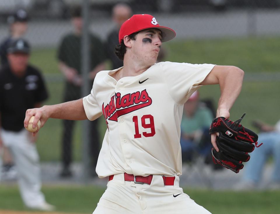 Ketcham's Riley Weatherwax readies to deliver a pitch against Yorktown during an April 15, 2023 baseball game.