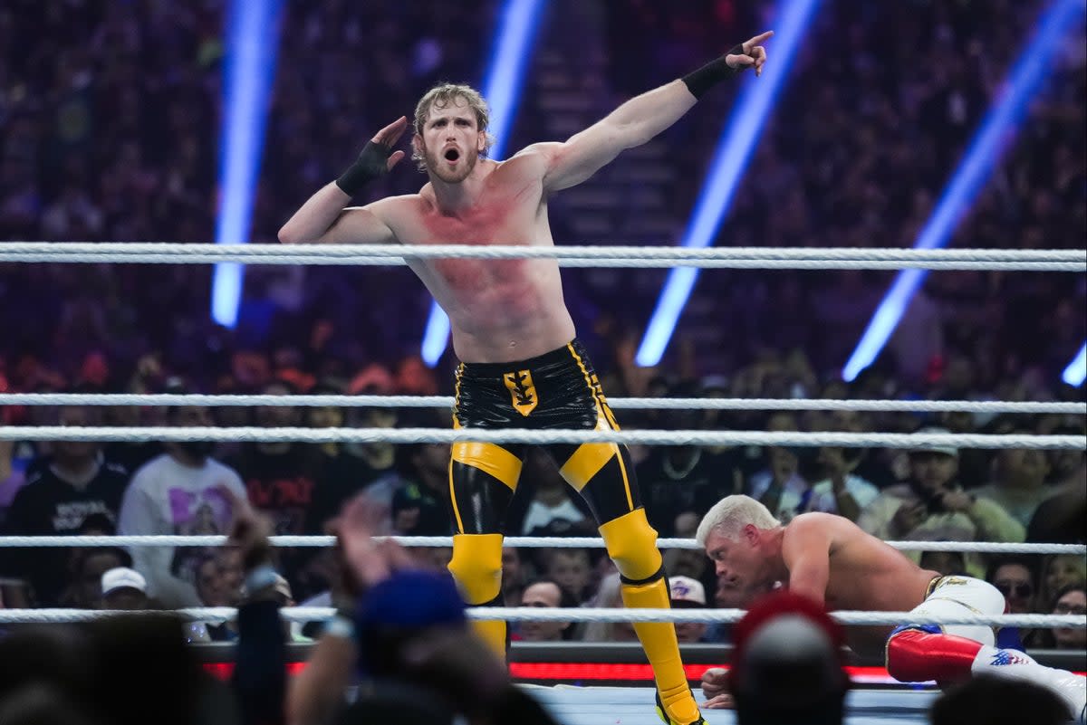 Logan Paul wrestles during the WWE Royal Rumble at the Alamodome in San Antonio, Texas (Alex Bierens de Haan / Getty Images)