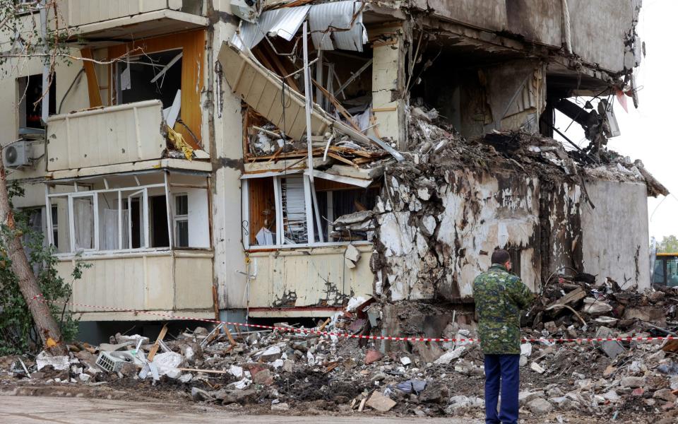 A view shows a damaged multi-story apartment block, a section of which collapsed as the result of what local authorities called a Ukrainian missile strike, in the course of Russia-Ukraine conflict in the city of Belgorod, Russia, May 13, 2024.