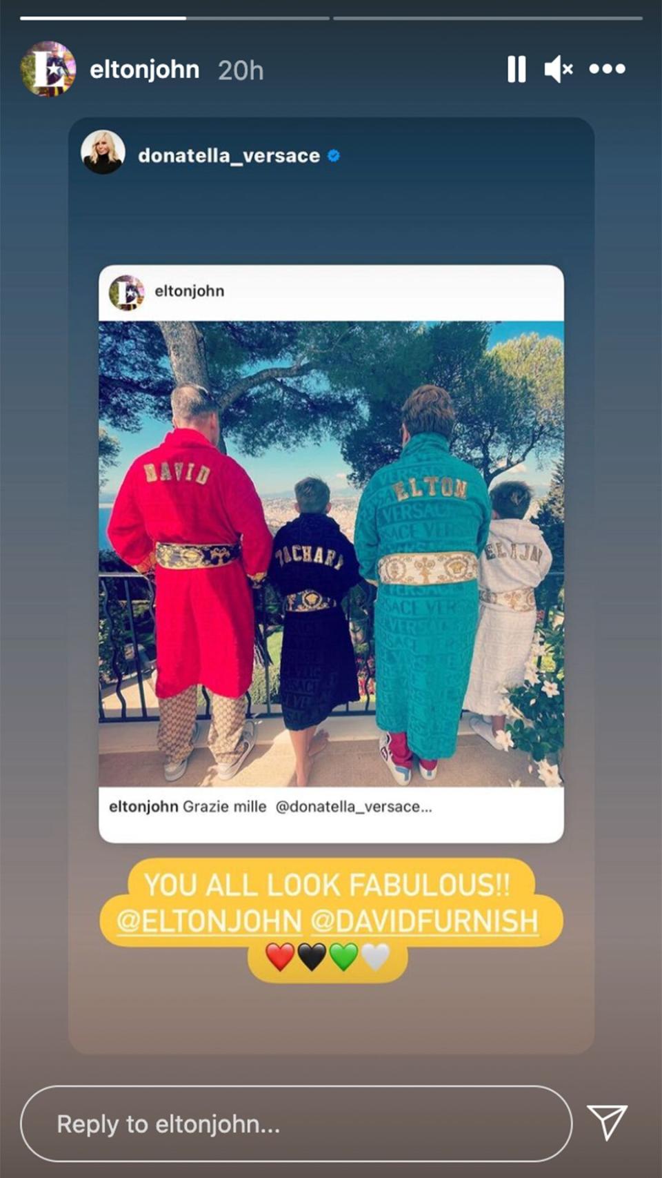 Elton John Shares Rare Photo of His Twins in Personalized Versace Robes