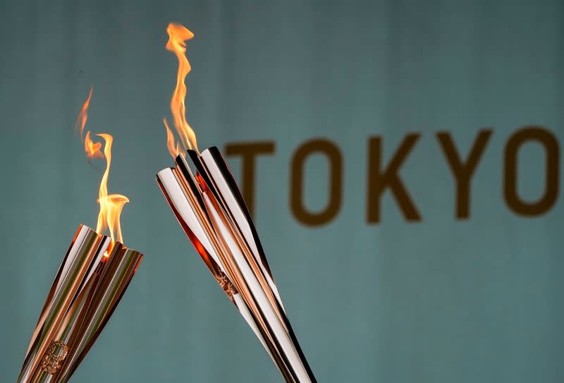 Torches are pictured during a lighting ceremony in Tokyo