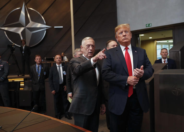 <span class="s1">Defense Secretary Jim Mattis and President Trump arrive to attend the meeting of the North Atlantic Council in Brussels on July 11. (Photo: Pablo Martinez Monsivais/pool/AP)</span>