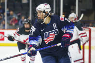 United States' Hilary Knight looks for the puck during the second period of the team's hockey game against Canada, Friday, Oct. 22, 2021, in Allentown, Pa. (AP Photo/Chris Szagola)