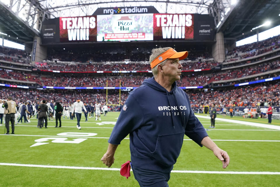 Denver Broncos head coach Sean Payton leaves the field after a 22-17 loss to the Houston Texans in an NFL football game Sunday, Dec. 3, 2023, in Houston. (AP Photo/Eric Christian Smith)